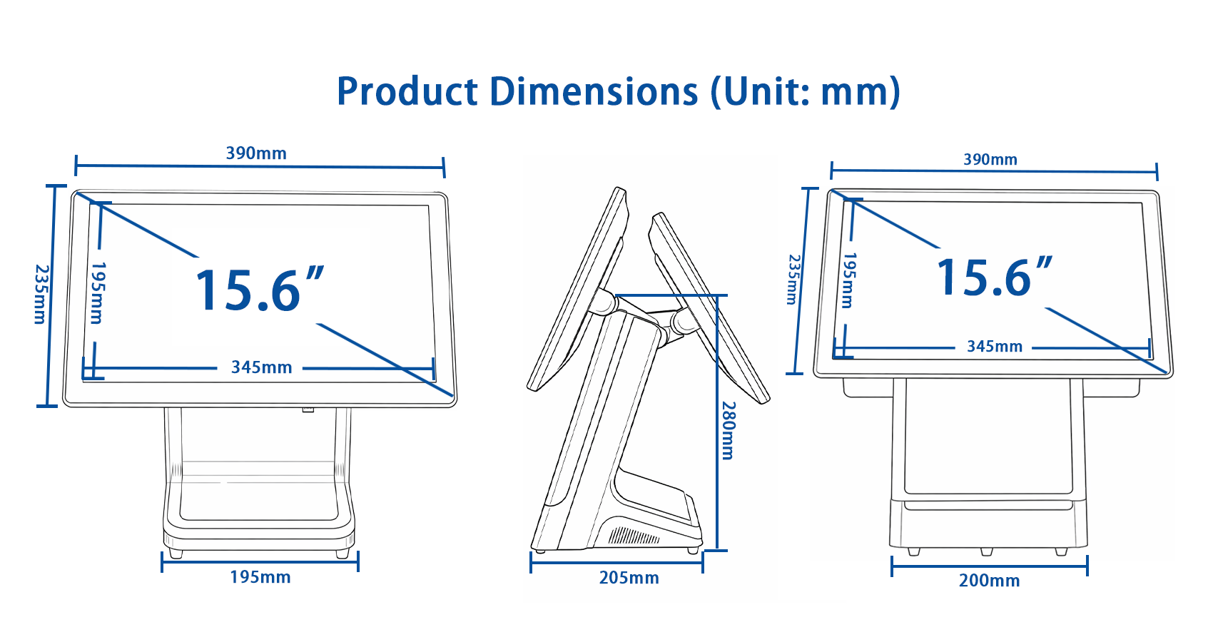 E9 15.6-inch dual-screen POS product dimension drawing